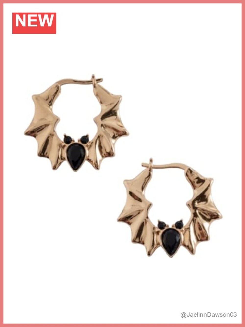 Sculpted Bat Hoop Earrings with Black Teardrop Crystals Hinged Hoop